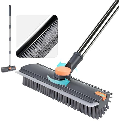 Floor Scrub Brush with Long Handle, 3 in 1 Bathroom Shower Scrubber with Silicone Squeegee, Hard Bristle Grout Cleaner Brush for Bathroom, Kitchen, Patio, Tile Floor Cleaning