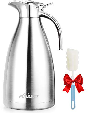 Caraffa Termica 2 litri in Acciaio Inox, Puersit Thermos Caffe, Thermos a Doppia Parete, Isolata Sotto Vuoto, con Coperchio a Pressione per tè/Acqua Brocca Conservazione a Freddo o Caldo per più di 24