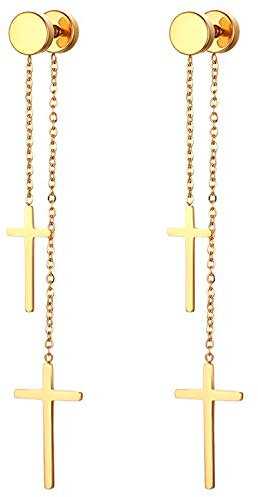 JewelryWe Schmuck Ohrringe Herren Damen Edelstahl Ohrstecker mit doppelt Kreuz Kette Anhänger Fakeplugs Fake Plug Tunnel Ohrringe Ohrhänger Piercing Gold