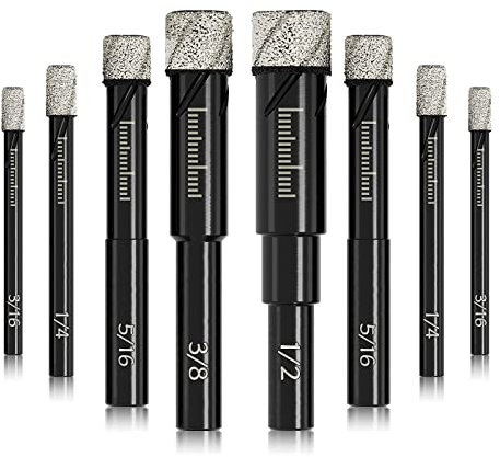 Lot de 8 forets diamantés pour granit, céramique, marbre, pierre, verre, matériaux durs, 1/2 dans un étui de rangement, tige ronde