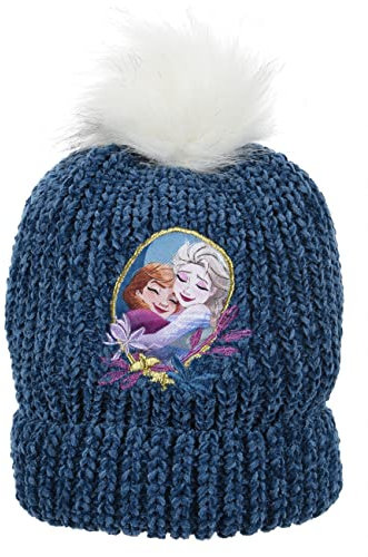 Sun City Frozen - Die Eiskönigin ELSA Anna Kinder Mädchen Winter-Mütze Strick Bommelmütze, Farbe:Dunkel-Blau, Größe:54