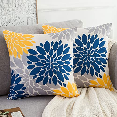 Sofa Kissenbezug 40x40 cm Sofakissen Dekokissen Blumen Kissen Leinen 2er Stück Gelb und Marineblau Grau Blume Kissenhülle Moderne Dekorative Kissenbezüge für Wohnzimmer Sofa Drinnen und Draußen