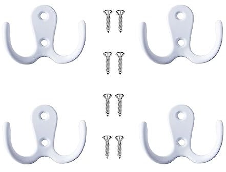 Yesmin 4 Pcs Double Prong Robe Hooks, Dual Coat Hooks Wall Mounted Hanging Clothes for Bathroom Bedroom Door Wall Retro Metal Cloth Hanger Double Coat Hooks with 8 Screws (White)