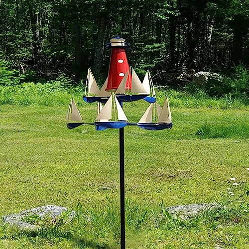 ZZYYZZ Sailboat & Lighthouse Whirligig Wind Spinner, Kinetic Art Windmills Sculpture, Whirligigs Sailboat Whirly Spinners, Garden Whirl Gigs Ornaments Decor, for Outdoor Yard Patio Lawn