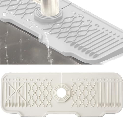 Veki Tappetino per Rubinetto in Silicone, Lavabile Tappetino Assorbente per Rubinetto, Paraspruzzi per Lavello da Cucina e Bagno, Vassoio Antigoccia per Proteggere Il Piano di Lavoro (43 cm, Bianco)