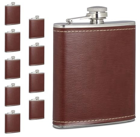 Relaxdays Flachmann 10er Set, 200ml, Edelstahl Schnapsbehälter mit Kunstleder Hülle, kleine Taschenflasche, braun/Silber