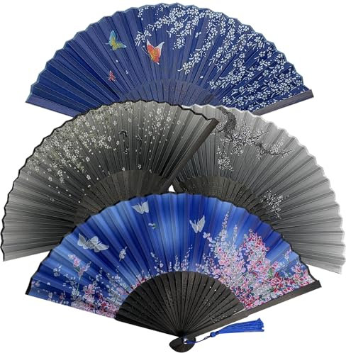 4 Pezzi Ventilatore a Mano, Pieghevole Fan Handheld Fan Vintage, Ventagli pieghevoli a Mano in Tessuto Ventilatori Portatili, Cinese Ventilatore in Stoffa Orientale per Ballo, Matrimoni(Nero+Blu)