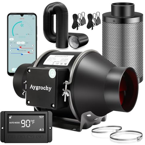 Aygrochy 100mm Wifi App Ventilateur en Ligne Kit avec régulateur de température et d'humidité, Extracteur d'air avec Filtre à Charbon d'air et Tuyau d'évacuation pour Culture hydroponique