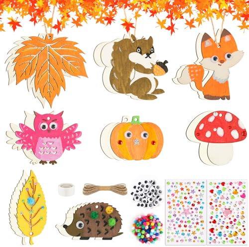 BOOMTOP 16pcs Herbst Bastelset Kinder Holz Igel Blätter Basteln Set Herbst Deko zum Bamalen Kürbis Pilz Fuchs Eichhörnchen Herbst Dekoration mit Strassaufkleber DIY Kreativset Handwerk
