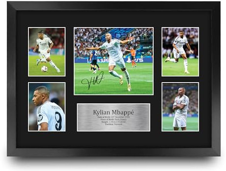 HWC Trading Kylian Mbappe Real Madrid Affichage de photos autographes signés de souvenirs imprimés pour les fans de football et les supporters - A3 Encadré