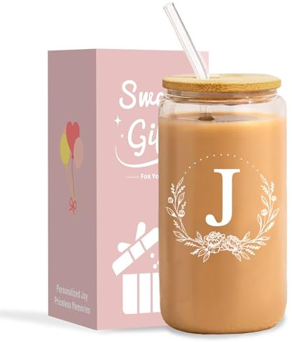 NOOMII Gifts for Women- Birthday Gifts for Women 16oz Iced Coffee Glass Cups with Bamboo Lids and Straws- Ideal Iced Coffee Gift Set for Friend Mum Wife Colleagues (J)