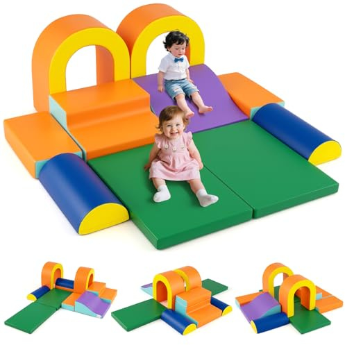 COSTWAY 10 teilige Schaumstoff Bausteine, Softbausteine für Baby zum Krabbeln, Klettern & Rutschen, Riesenbausteine aus PU & Schaumstoff, Großbausteine XXL Indoor für Kleinkinder ab 1 Jahr (Orange)