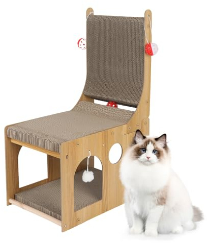 Rascador para gatos con casa para gatos, 65 x 42 x 28 cm, cartón rascador en forma de L, 2 en 1 y cama para gatos, cartón ondulado, cueva para gatos con bolas de campana y bolas de peluche, forma de