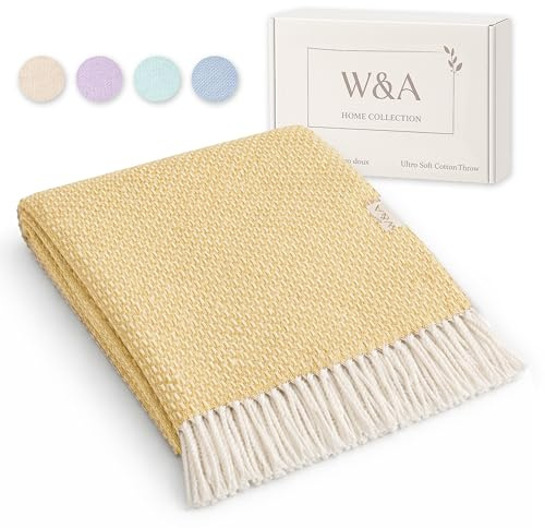 W&A Coperta Estiva 130x170 cm – Telo Divano in Cotone Bouclé, Coperta Leggera per Terrazza, Pique-Nique e Arredo Casa, con Scatola Regalo e Sacchetto Lavanda (Giallo Miele)
