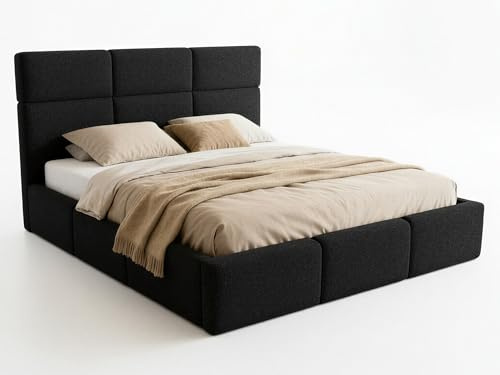 Sofnet Polsterbett Celine - Bettkasten mit Gasdruckfedern - Doppelbett mit Lattenrost, Bett mit Polsterkopfteil, Bettgestell, Schlafzimmer, Bouclé-Stoff (180 x 200 cm, Schwarz (Coral 60))