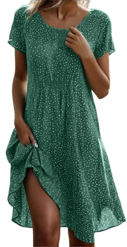 JISOUKIN Robe Femme Ete Manches Courtes Col Rond Robes Bohème Chic Fleurie à Pois Imprimé Plage Décontractée Midi S-5XL