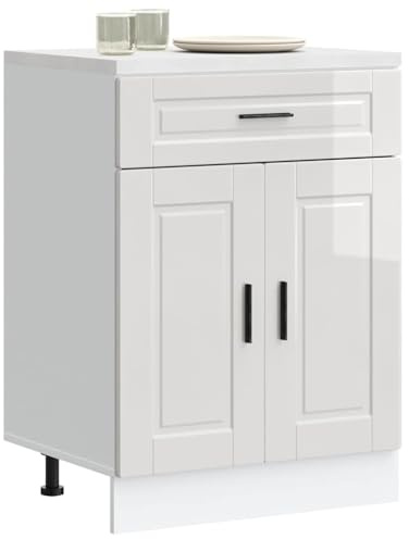 Holepyr Armoire de cuisine Porto - En bois blanc brillant - 60 x 46 x 81,5 cm - Avec pieds réglables - Espace de rangement pour vaisselle, assiettes, casseroles et couverts - Meuble de rangement