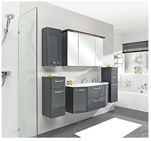 Pelipal - Velo 12 - Badmöbel - 112 cm - 6-teilig mit Spiegelschrank, Glas-Waschtisch usw. in Anthrazit Hochglanz/Anthrazit