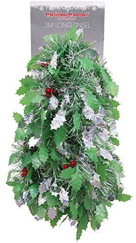 Christmas Concepts® 3m / 9.8ft Klobig/Feines Weihnachtslametta - Weihnachtsdekoration - Hochwertige Lametta (Grüne u. Silberne Stechpalmen-Beere)