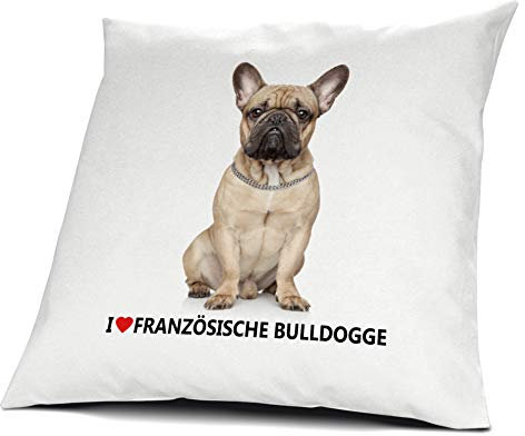 printplanet® Kopfkissen Französische Bulldogge, Kissen mit Füllung I Love Französische Bulldogge, 40 cm, 100% Baumwolle