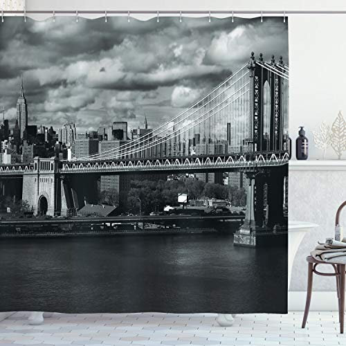 ABAKUHAUS New York Rideau de Douche, NYC en Noir et Blanc, Tissu Ensemble de Décor de Salle de Bain avec Crochets, 175 cm x 240 cm, Gris