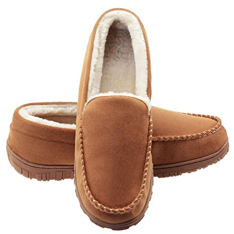 Lulex Moccasins for Men House Slippers Indoor Outdoor Plush Mens Bedroom Shoes with Hard Sole Beige 11 M US