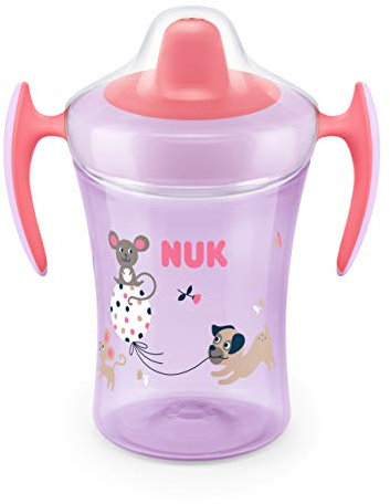 NUK Trainer Cup vaso antiderrame bebe | Boquilla blanda a prueba de fugas | +6 meses | Sin BPA | 230 ml | Perro (morado) | 1 unidad