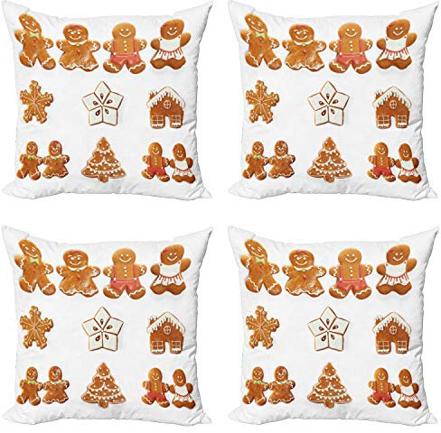 ABAKUHAUS Lebkuchenmann Kissenbezug Set (4 Stück), Haus Baum, moderner doppelseitiger Digitaldruck, 40 cm, Pale Brown White