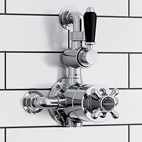 ENKI, Downton, T100, Traditional Thermostatic Shower Valve with Return to Wall Bend, Semi-Concealed Shower Valve, Chrome and Black