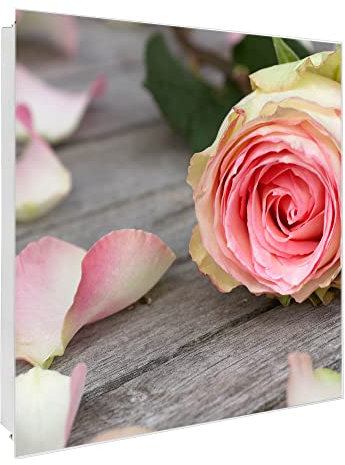 banjado® Großer Schlüsselkasten Glas/Schlüsselbox 30cm x 30cm mit 50 Haken - Motiv Rosa Rose/Schlüsselkasten modern für Schlüsselaufbewahrung mit beschreibbarer, magnetischer Glastür