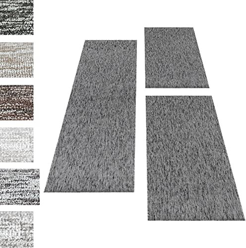 Kurzflor Teppich Set Schlafzimmer Bettumrandung 4mm Florhöhe 3 Teile Set, Farbe:Grau, Bettset:2 mal 60x100 + 1 mal 80x250