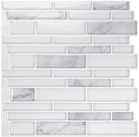 Art3d 10-Sheet Premium Stick On Kitchen Backsplash Tiles, 12x12 Peel and Stick Self Adhesive Wall Tiles, White Marble Design