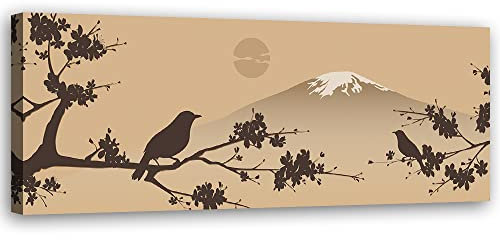 Feeby Vlies Leinwandbild XXL Landschaft Berg Fuji Asien Japan 120x40 cm Wandbild Kunst Bilder Schlafzimmer Deko Wohnzimmer Orientalisch Vogel auf einem Zweig Abstraktion Braun