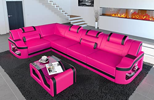 Ecksofa Padua Ledersofa L Form Sofa - mit LED Beleuchtung, verstellbare Kopfstützen, Recamiere/Lederfarben wählbar/Ausrichtung wählbar (Ecke Links, Pink-Schwarz)