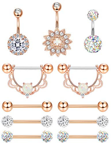 Kakonia 11stk 14G Nippelpiercing Edelstahl Zungenpiercing Bauchnabel Bars CZ Opal Barbell Body Nipple Piercing Brustwarzenpiercing