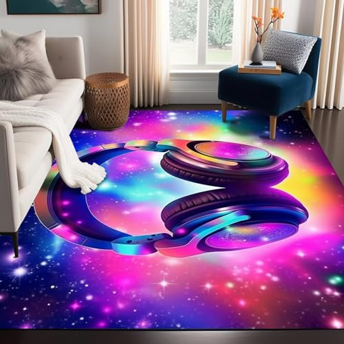 1,5 x 2,1 m Galaxy-Spielbereich, Musik-Kopfhörer-Teppich, bunt, rutschfest, Teppich-Fußmatten für Wohnzimmer, Schlafzimmer, Wohnheim, Bodenmatte