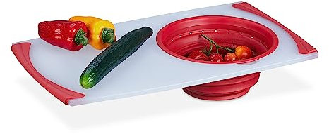 Relaxdays Tabla de Cortar con Colador Plegable, Picar y Escurrir, Plástico, Antideslizante, 50x29cm, Blanco y Rojo