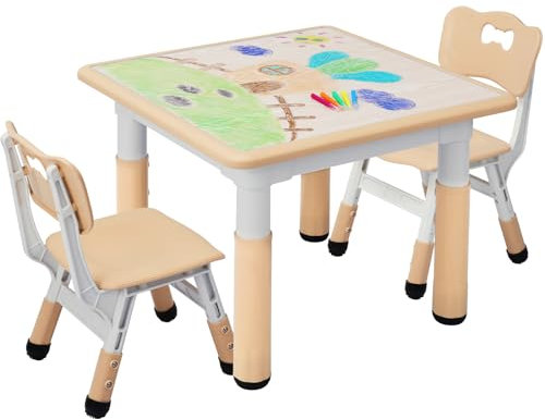 Kindertisch mit 2 Stühlen, Kindersitzgruppe Höhenverstellbar Packung, Tisch Stuhl Set für Kinderzimmer, Plastik Kindermöbel, Maltisch Sitzgruppe für Mädchen ab 3 Jahre(Gelb, Quadratischen Tisch)