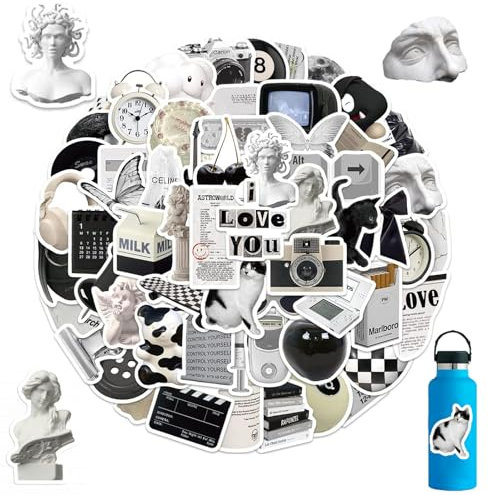 61 Stück Schwarz Weiß Sticker Set, Vintage Aufkleber Wasserfest Scrapbook, DIY Basteln Deko, Retro Stickers Set für Laptop Skateboard Helm Koffer Fahrrad Motorrad, Geeignet für Erwachsene Kinder