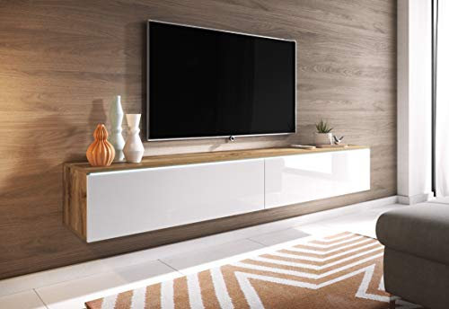 MINIO - TV Stand Cabinet with LED DONNA, TV Unit 180 cm Wide, Standing or Hanging TV Lowboard, Laminated Chipboard, Practical and Functional - Wotan oak/White high gloss