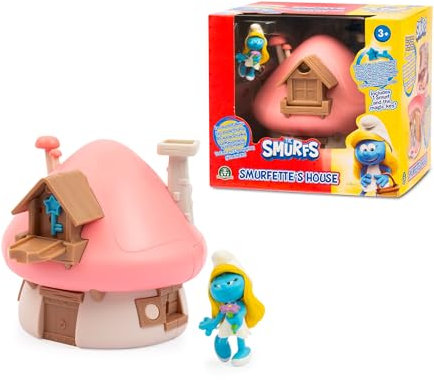 Giochi Preziosi Die Schlümpfe, Smurfette und Haus mit pinkem Dach Spielset mit Zubehör und Aufklebern, enthält Exklusive 5,5 cm große Smurfette-Figur, geeignet ab 3 Jahren