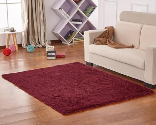Yishengwan Teppich Wohnzimmer Shaggy Teppich Hochflor Teppich Langflor Schlafzimmer Kinderzimmer Teppich Weinrot 80 x 120 cm