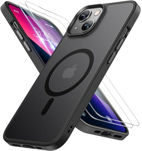 Miracase Magnetisch für iPhone 13 Hülle für Magsafe[mit 2 Schutzglas] Militärschutz Stoßfest Kratzfest Anti-Fingerabdruck Samtige Haptik Dünn Handyhülle für iPhone 13 6,1 Zoll, Matt-Schwarz