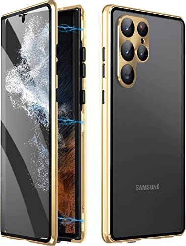 Hülle für Samsung Galaxy S24 Ultra 5G, Magnetische Metallrahmen Handyhülle 360 Grad Full Body Vorne hinten Gehärtetes Glas Schutzhülle Einteiliges Ultra Dünn Flip Transparente Cover