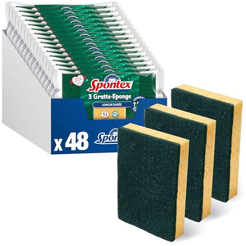 SPONTEX – Rascador de Esponja de Larga duración, 48 esponjas raspadoras Verdes (16 Paquetes de 3). Esponjas 2X Plus Durable