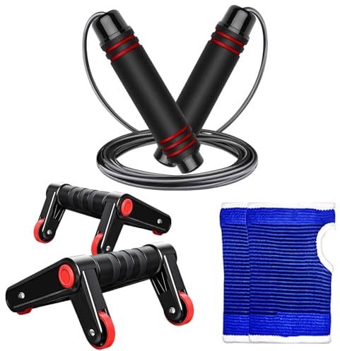AOUZEA Springseil, Speed Rope Verstellbar mit Hautfreundlichen Schaum Griffe, Faltbare Liegestützgriffe mit Bauchmuskeltraining Funktion und Handschuhen, Heimfitness Set