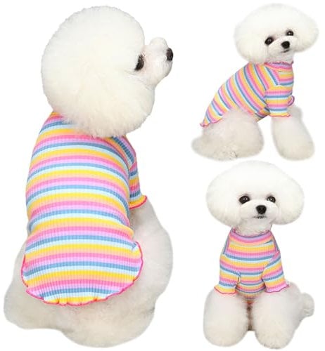 Yaopelky Small Medium Dog Clothes Rainbow Striped Dog Shirts Stretchable Long Sleeve Cat T-Shirt Pet Outfits for Chihuahua Yorkie Teddy (Pink edge, L)