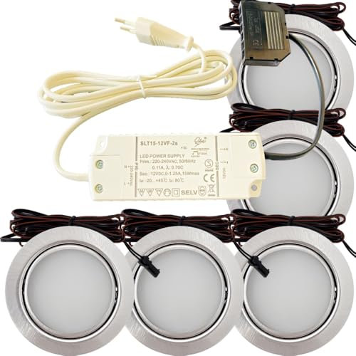 Lichtfaktor24 5er Set LED Möbel Einbauleuchten Edelstahl Gebürstet superflach 3W warmweiß 3000K 180lm 12V mit 15W LED Trafo 230V Zuleitung. LED Spots für das Wohnzimmer, Küche oder Bad.