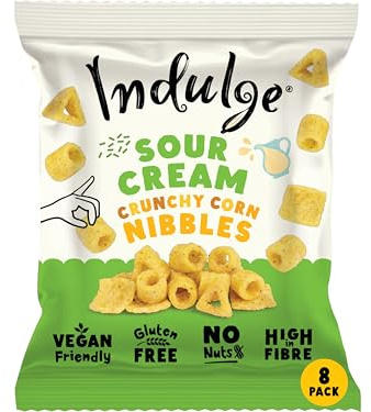 Indulge Crunchy Corn Nibbles – Sour Cream Flavour – 20g x 8 Bags – Gluten Free, Vegan, Nut Free, Allergen Friendly, High Fibre Corn Snacks (Pack of 8)
