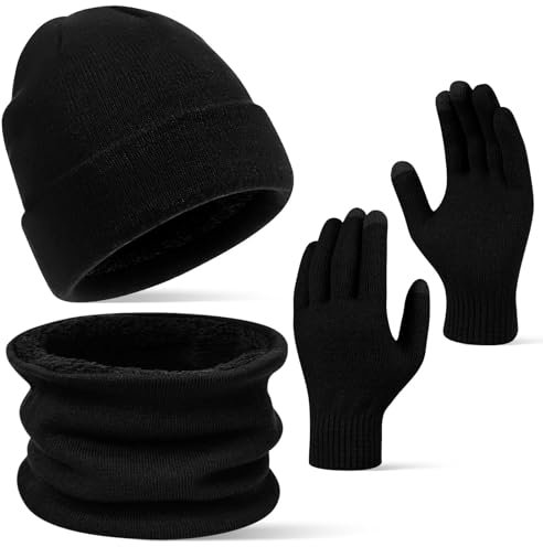 Mupkvy Schal Mütze und Handschuhe Set, Touchscreen Handschuhe Warme Unisex Beanie Mütze Winter Set mit Fleece Gefüttert Schal Halswärmer Schlauchschal set für Damen Herren, Winter Set zum Skifahren